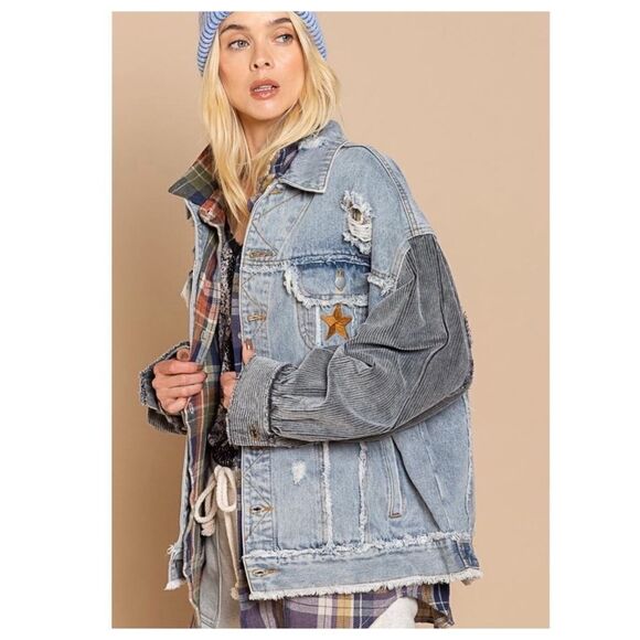 DENIM Distressed Jacket with Corduroy Sleeves Oversized Fit - Picture 5 of 16